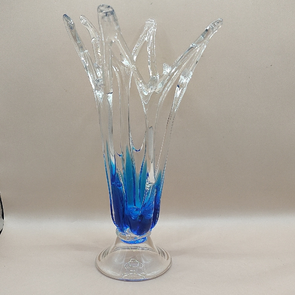 Vintage Elegant Blue and Clear Art Glass 9.5"